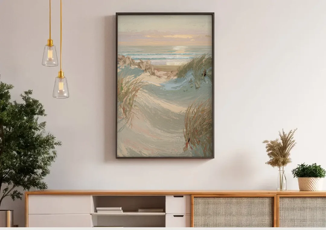 Cape May Coastal Serenity canvas wall art above a wooden sideboard under pendant lights