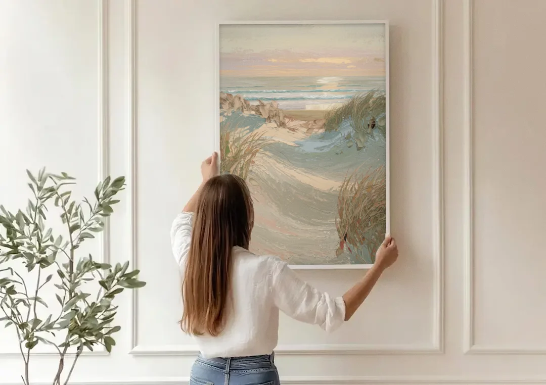 Cape May Coastal Serenity canvas wall art being hung on a paneled wall