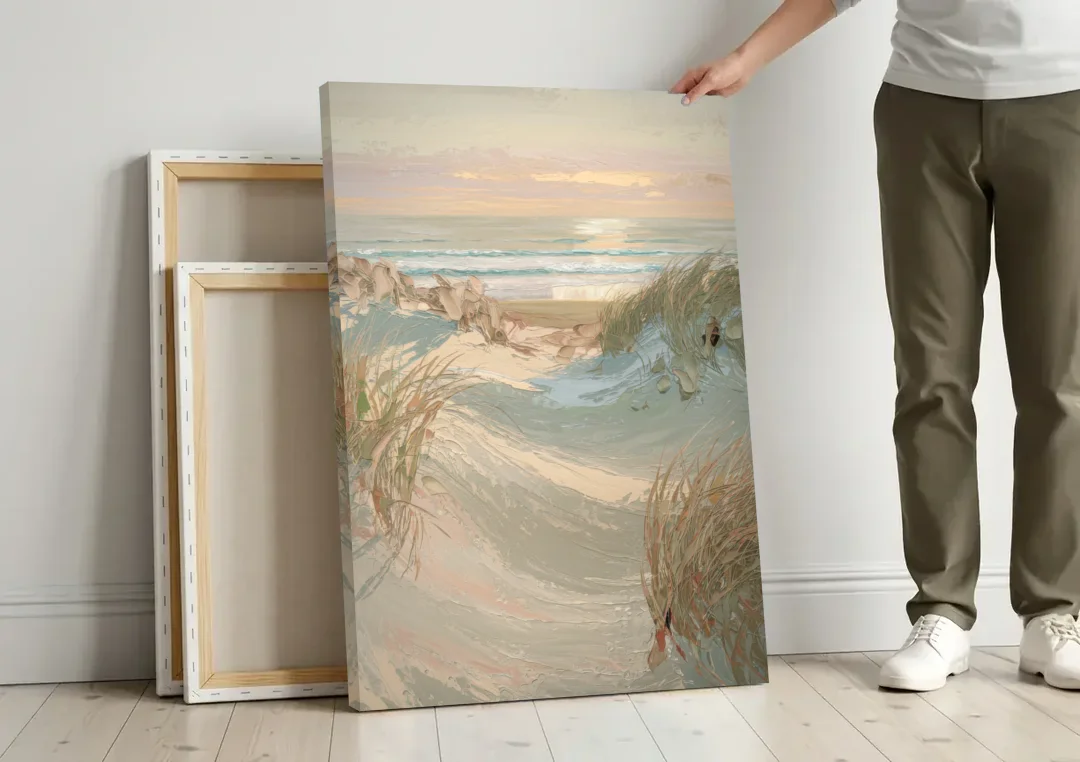 Cape May Coastal Serenity canvas wall art leaning against a wall next to blank canvases