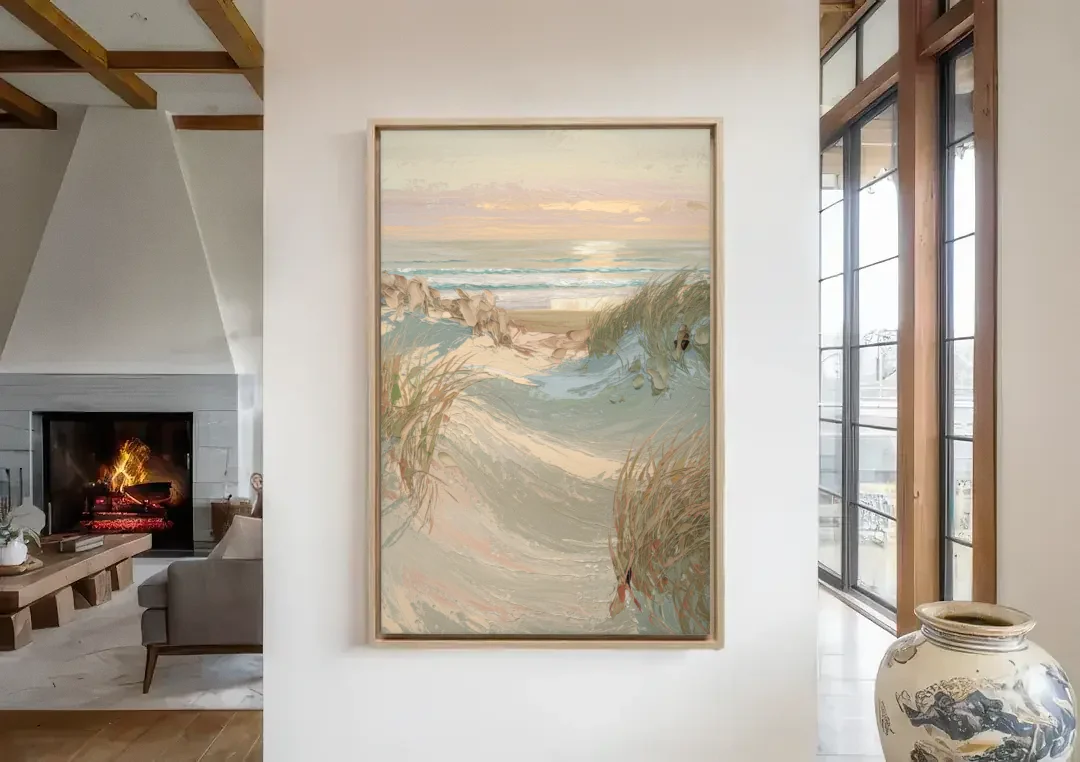 Cape May Coastal Serenity canvas wall art in a living room with a fireplace