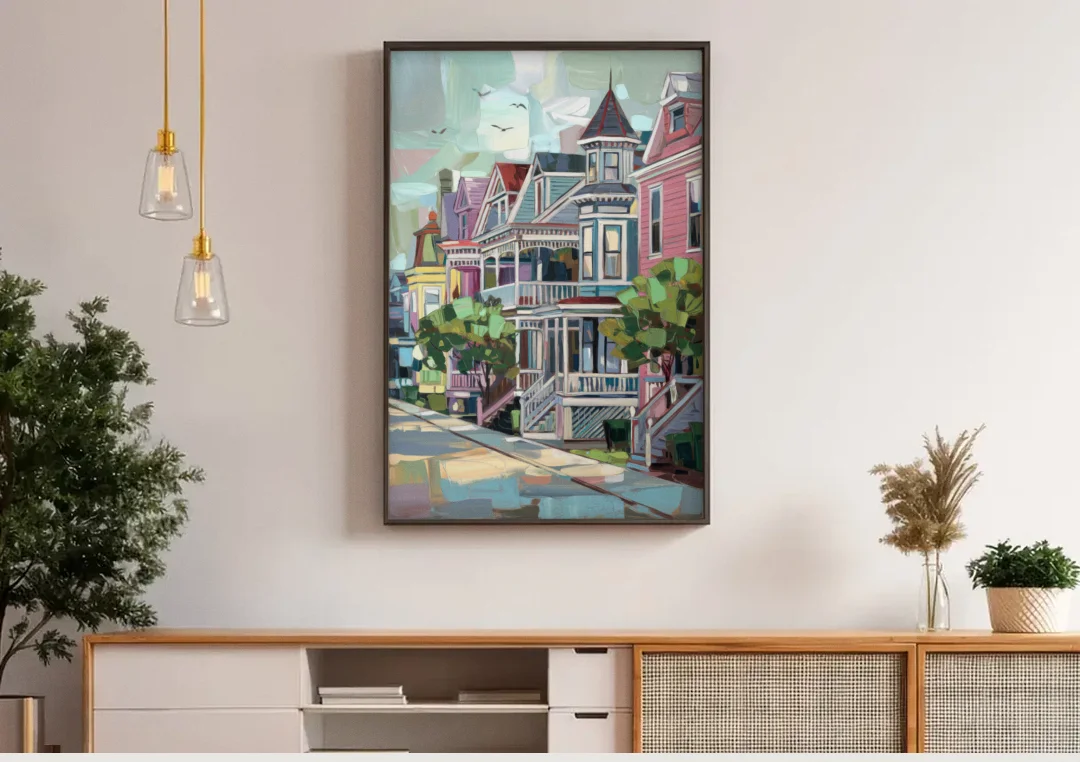 Cape May Historic District canvas wall art above a wooden sideboard under pendant lights