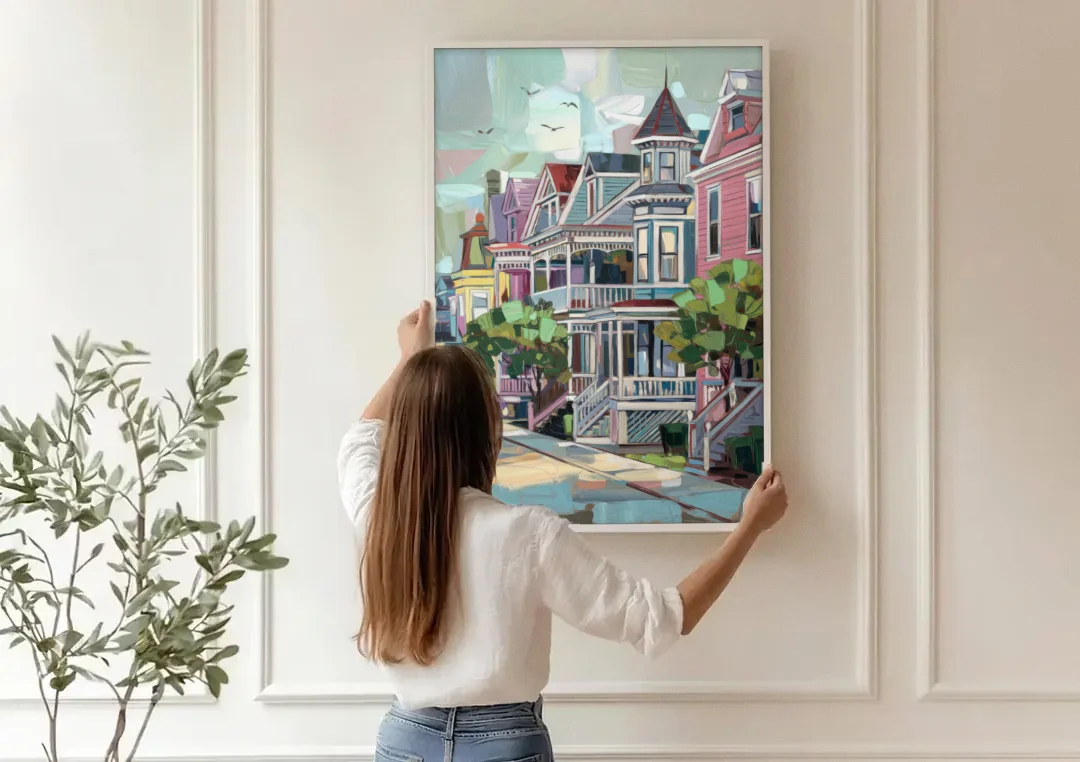 Cape May Historic District canvas wall art being hung on a paneled wall