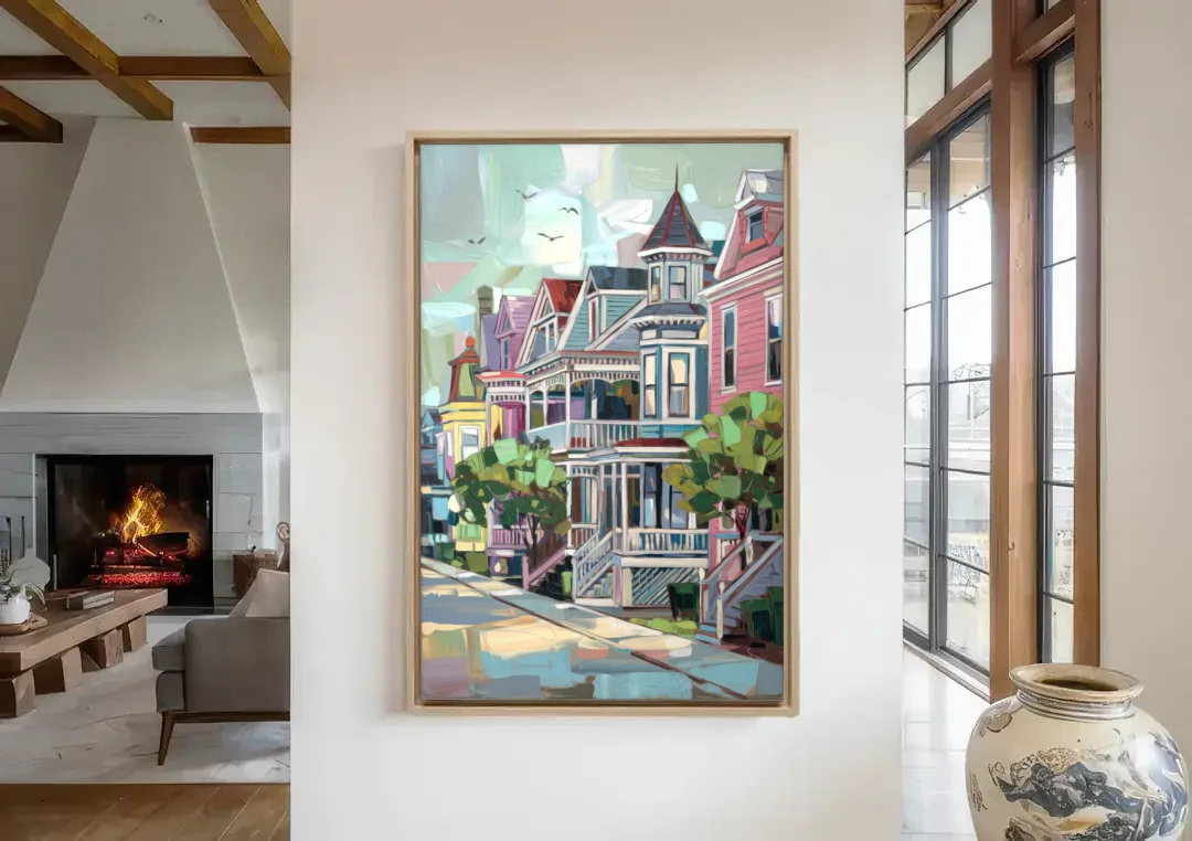 Cape May Historic District canvas wall art in a living room with a fireplace