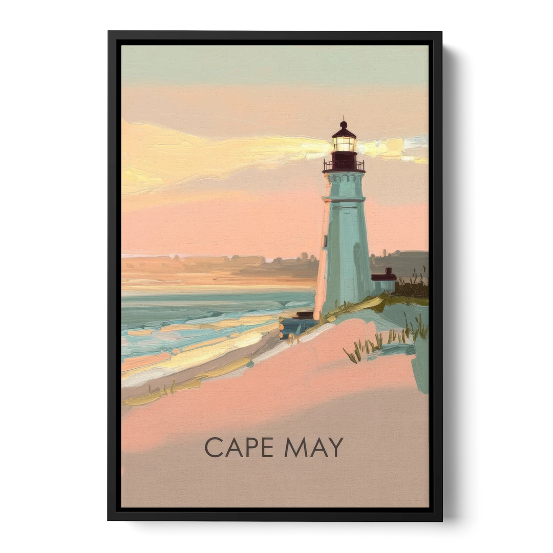 Cape May Lighthouse Glow - Black Framed Canvas Wall Art - Front