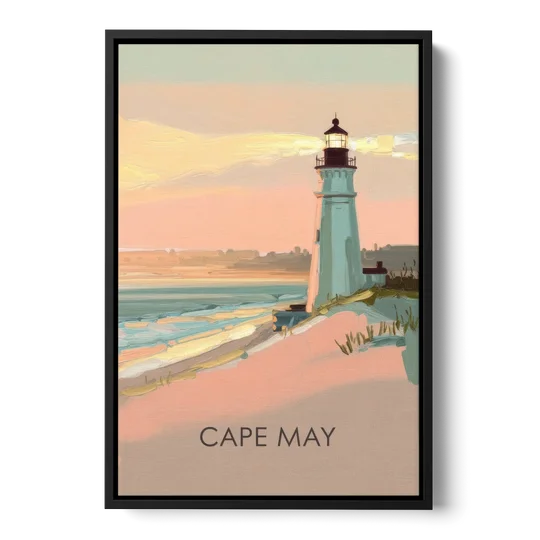 Cape May Lighthouse Glow - Black Framed Canvas Wall Art - Front