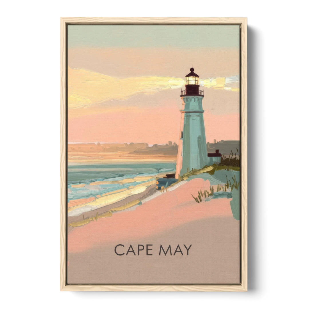 Cape May Lighthouse Glow - Oak Framed Canvas Wall Art - Front
