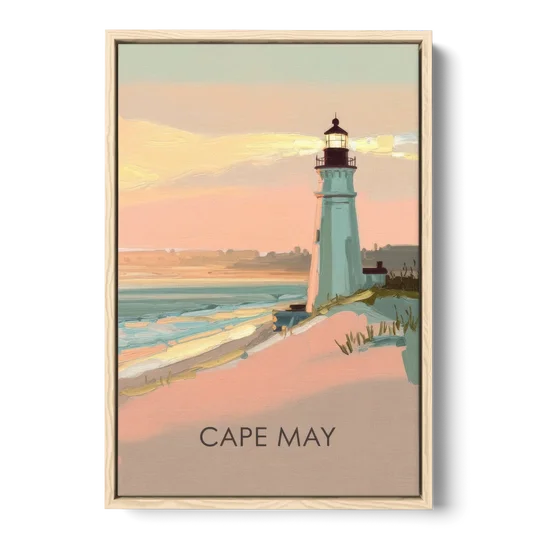 Cape May Lighthouse Glow - Oak Framed Canvas Wall Art - Front