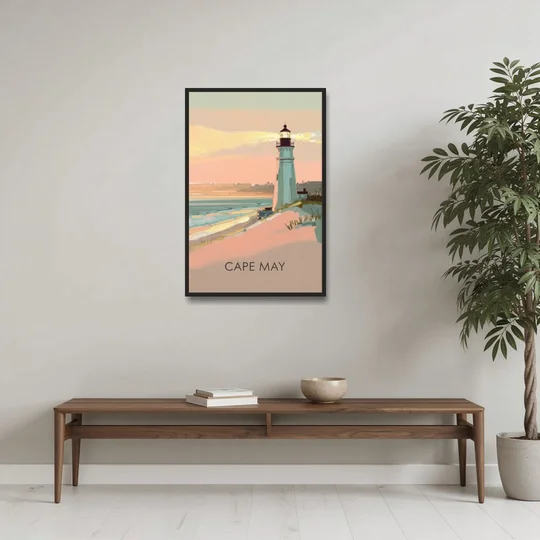 Cape May Lighthouse Glow - Black Framed Canvas Wall Art - Coffee Table - 24x36