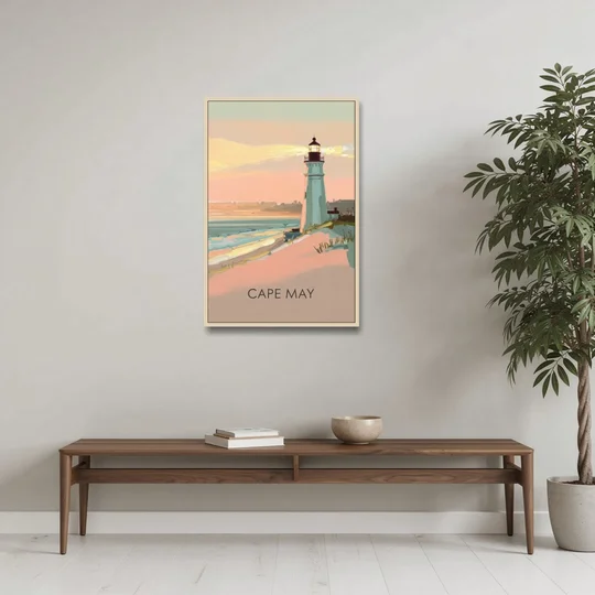 Cape May Lighthouse Glow - Oak Framed Canvas Wall Art - Coffee Table - 24x36