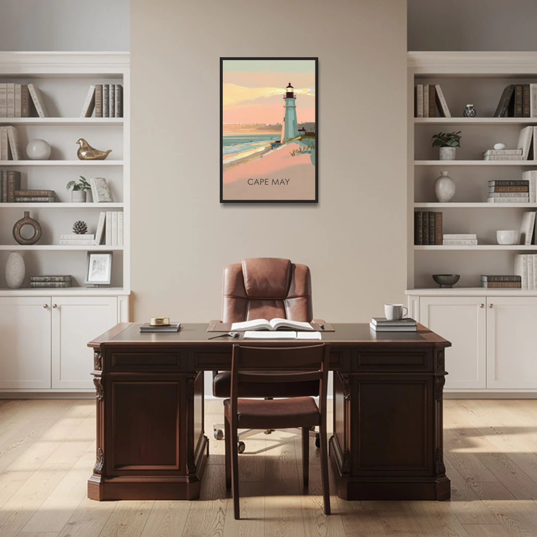 Cape May Lighthouse Glow - Black Framed Canvas Wall Art - Office - 24x36