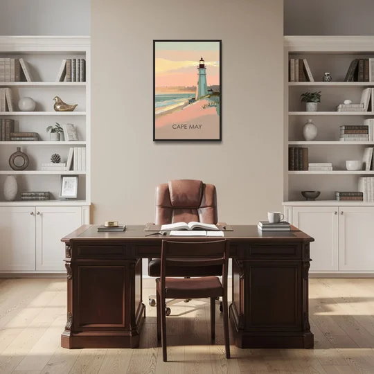 Cape May Lighthouse Glow - Black Framed Canvas Wall Art - Office - 24x36