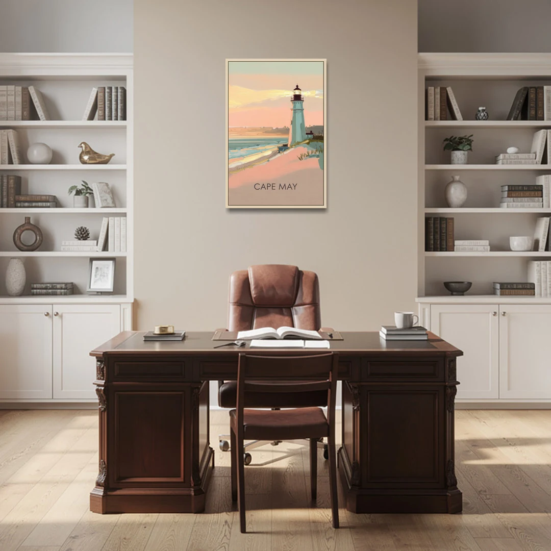 Cape May Lighthouse Glow - Oak Framed Canvas Wall Art - Office - 24x36