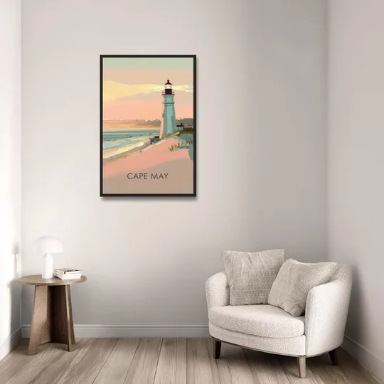 Cape May Lighthouse Glow - Black Framed Canvas Wall Art - Sofa - 24x36