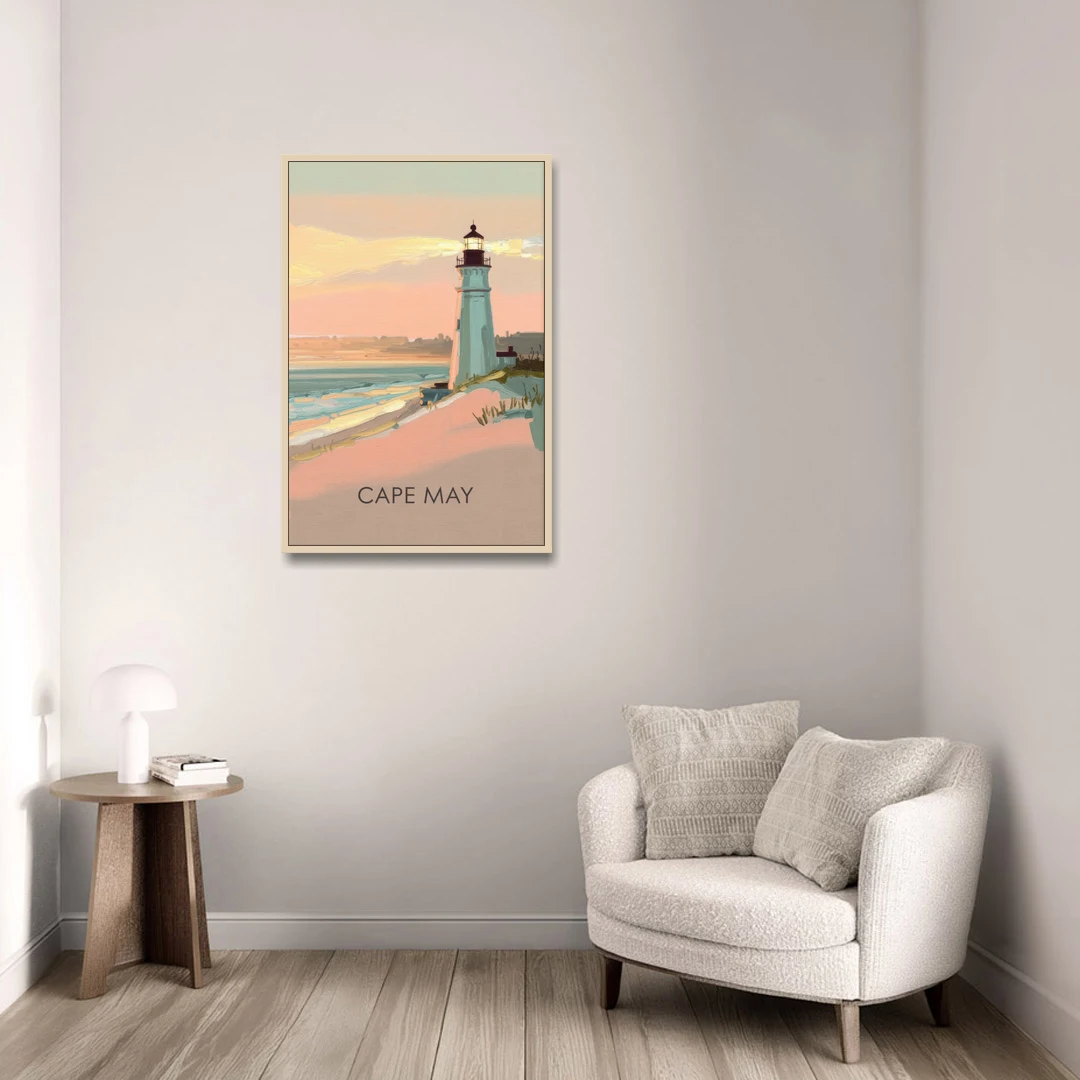 Cape May Lighthouse Glow - Oak Framed Canvas Wall Art - Sofa - 24x36