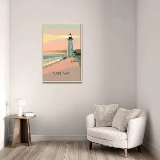 Cape May Lighthouse Glow - Oak Framed Canvas Wall Art - Sofa - 24x36