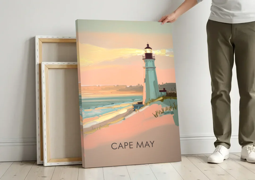 Cape May Lighthouse Glow canvas wall art leaning against a wall next to blank canvases