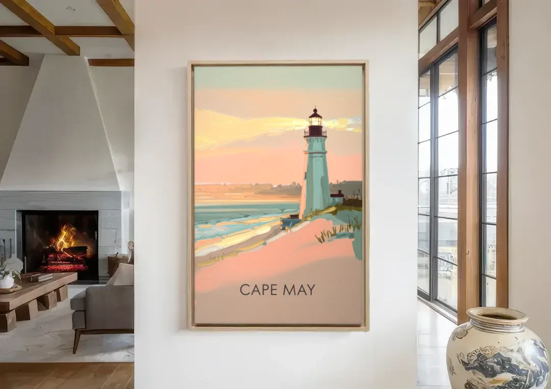 Cape May Lighthouse Glow canvas wall art in a living room with a fireplace