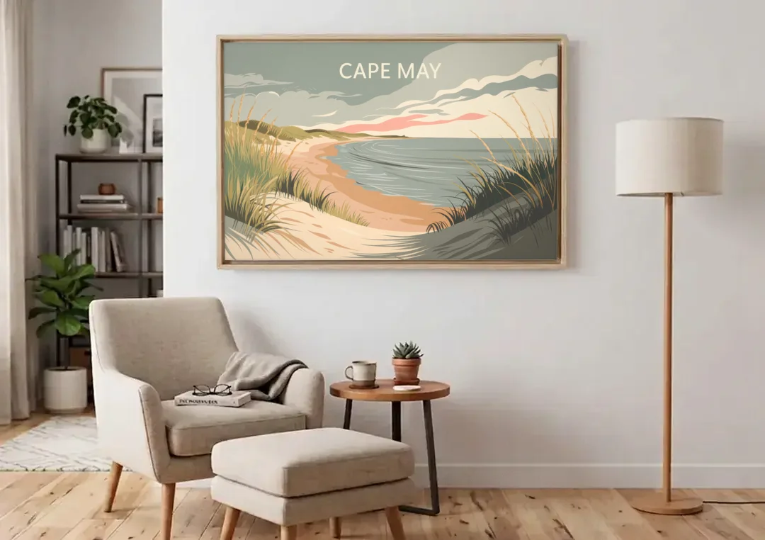 Cape May Ocean Breeze canvas wall art above an armchair in a bright living room