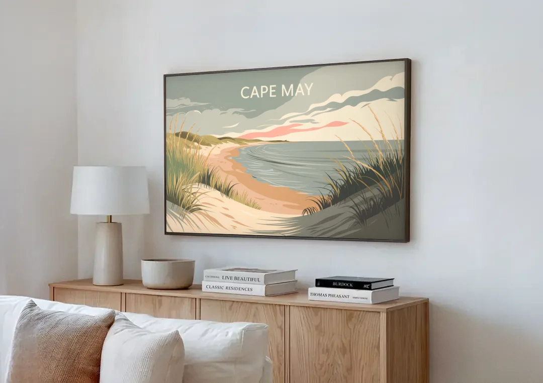 Cape May Ocean Breeze canvas wall art above a wooden sideboard next to a sofa
