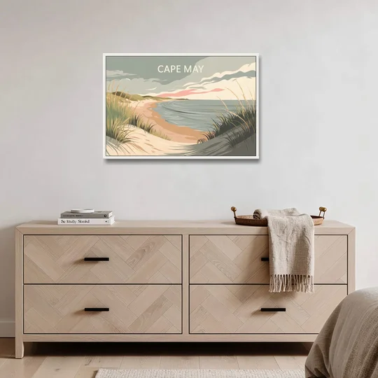 Cape May Ocean Breeze - White Framed Canvas Wall Art - Coffee Table - 36x24