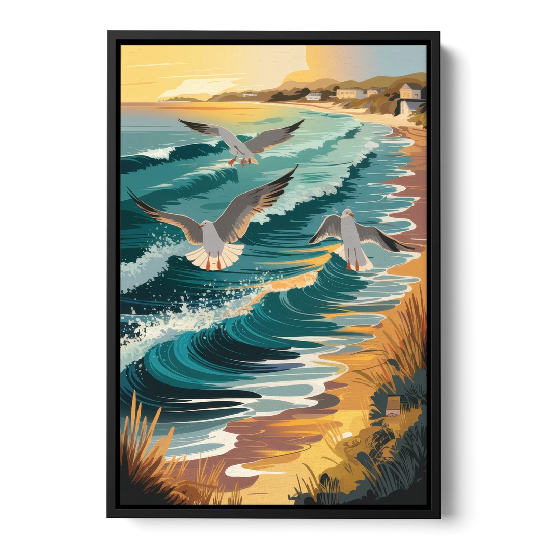 Cape May Seagulls in Flight - Black Framed Canvas Wall Art - Front