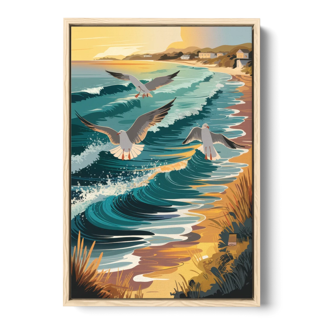 Cape May Seagulls in Flight - Oak Framed Canvas Wall Art - Front
