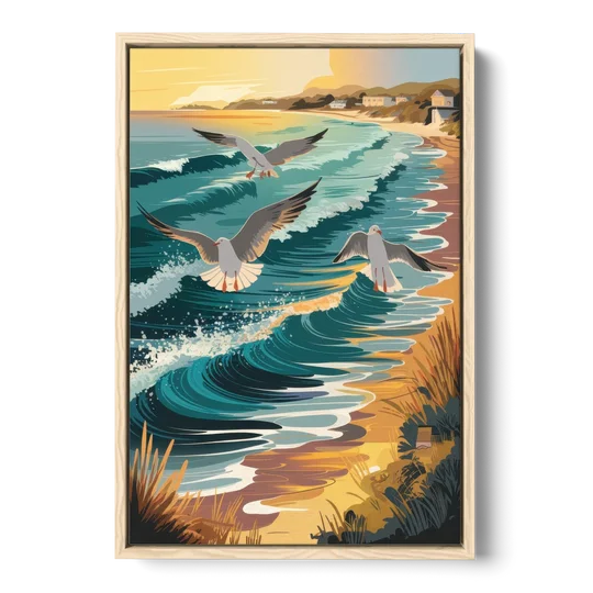 Cape May Seagulls in Flight - Oak Framed Canvas Wall Art - Front
