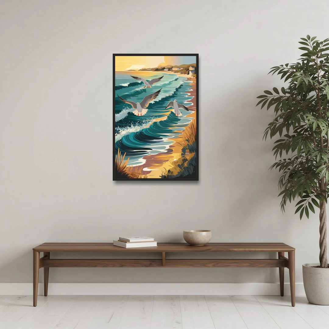 Cape May Seagulls in Flight - Black Framed Canvas Wall Art - Coffee Table - 24x36