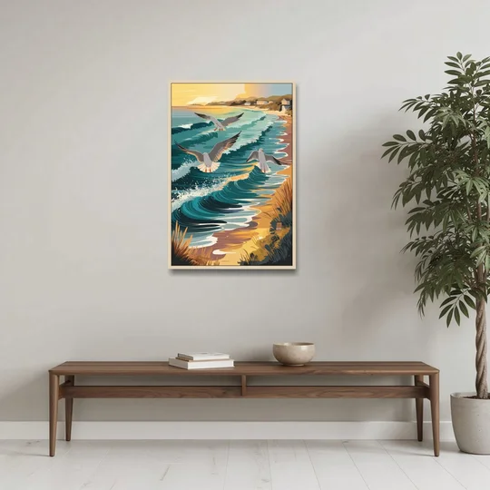 Cape May Seagulls in Flight - Oak Framed Canvas Wall Art - Coffee Table - 24x36