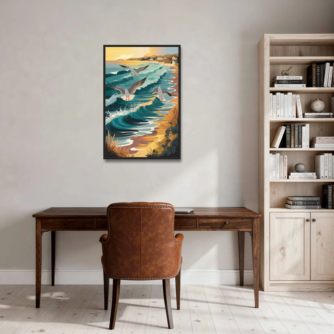 Cape May Seagulls in Flight - Black Framed Canvas Wall Art - Office - 24x36