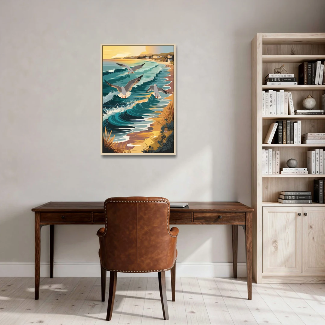 Cape May Seagulls in Flight - Oak Framed Canvas Wall Art - Office - 24x36