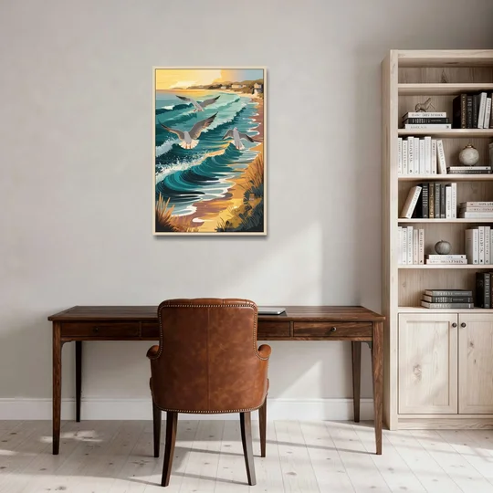 Cape May Seagulls in Flight - Oak Framed Canvas Wall Art - Office - 24x36