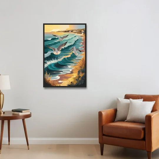 Cape May Seagulls in Flight - Black Framed Canvas Wall Art - Sofa - 24x36