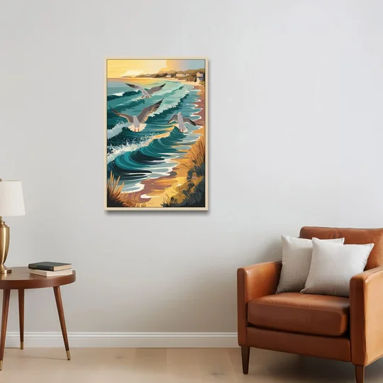 Cape May Seagulls in Flight - Oak Framed Canvas Wall Art - Sofa - 24x36