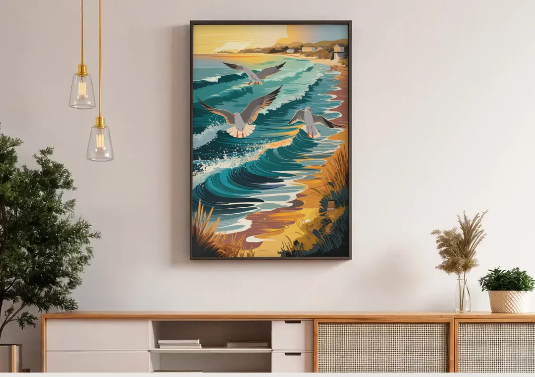 Cape May Seagulls in Flight canvas wall art above a wooden sideboard under pendant lights