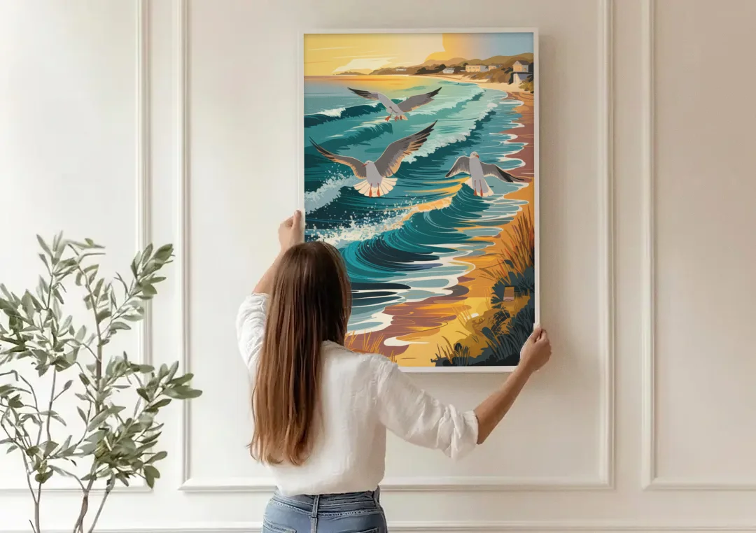 Cape May Seagulls in Flight canvas wall art being hung on a paneled wall