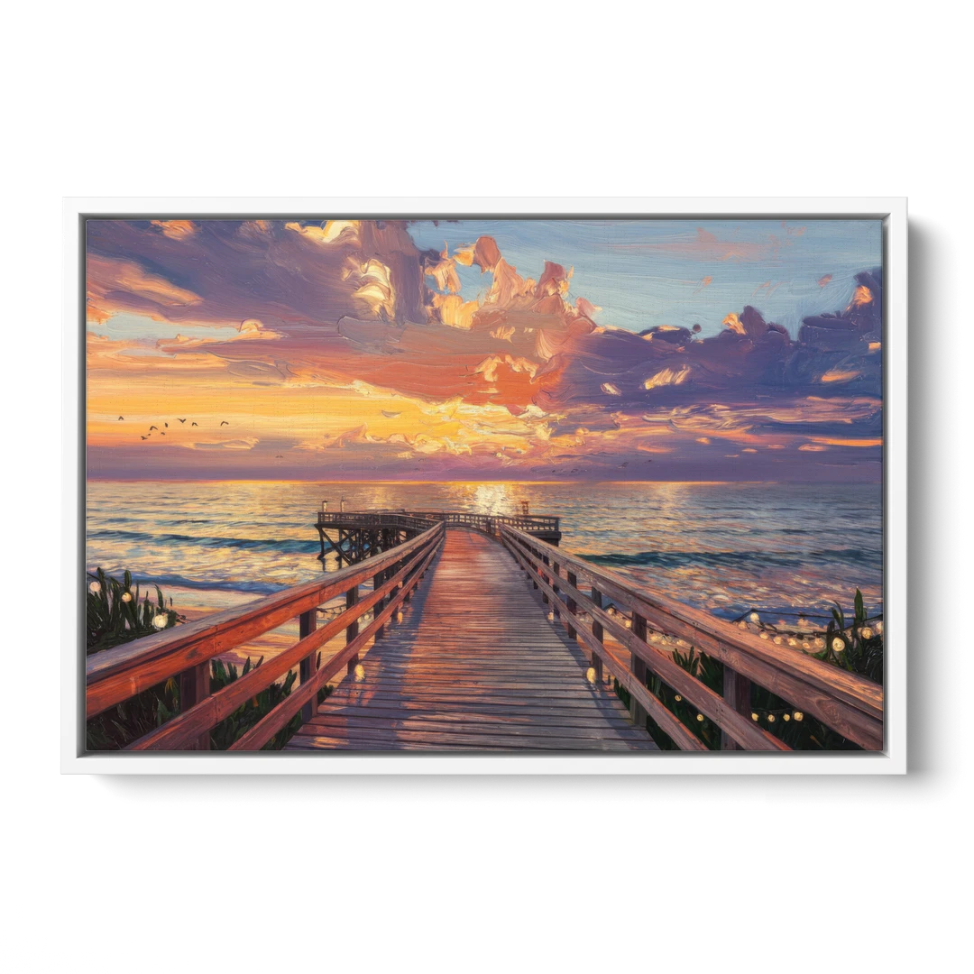 Cape May Sunset Pier - White Framed Canvas Wall Art - Front