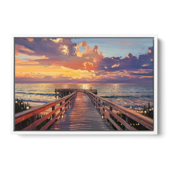 Cape May Sunset Pier - White Framed Canvas Wall Art - Front