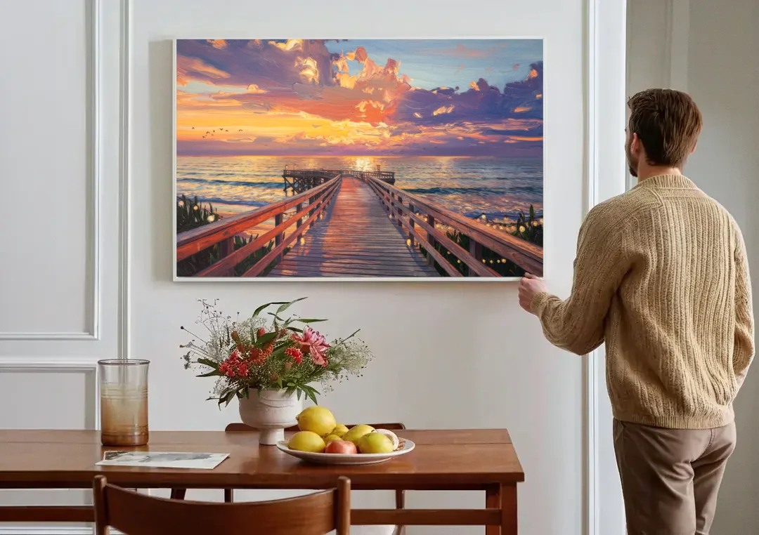 Cape May Sunset Pier canvas wall art above a dining table