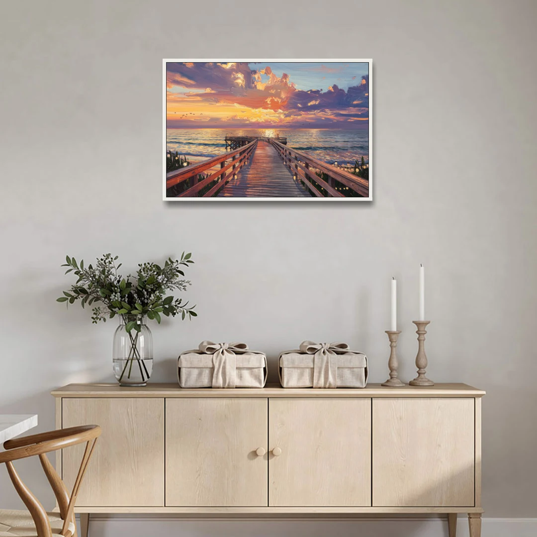 Cape May Sunset Pier - White Framed Canvas Wall Art - Coffee Table - 36x24
