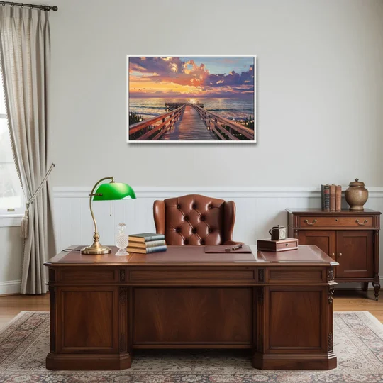 Cape May Sunset Pier - White Framed Canvas Wall Art - Office - 36x24