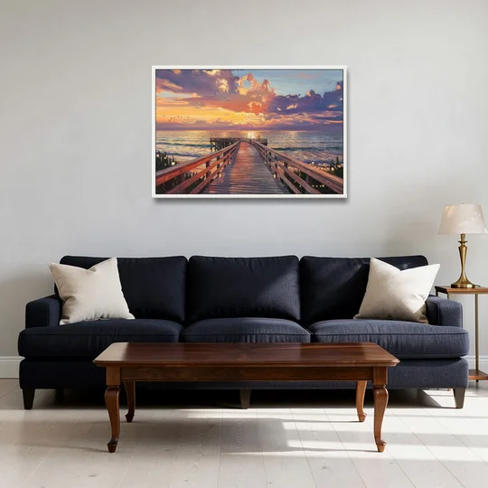 Cape May Sunset Pier - White Framed Canvas Wall Art - Sofa - 36x24