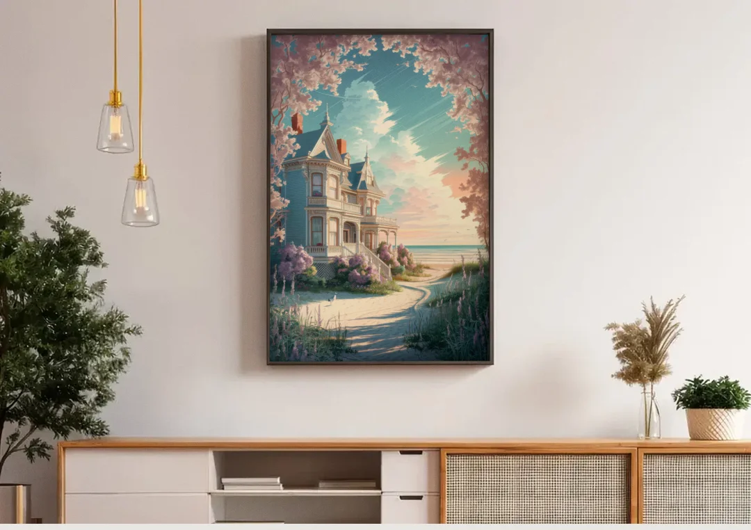 Cape May Victorian Charm canvas wall art above a wooden sideboard under pendant lights