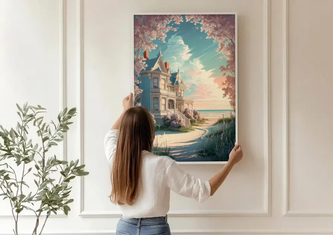 Cape May Victorian Charm canvas wall art being hung on a paneled wall