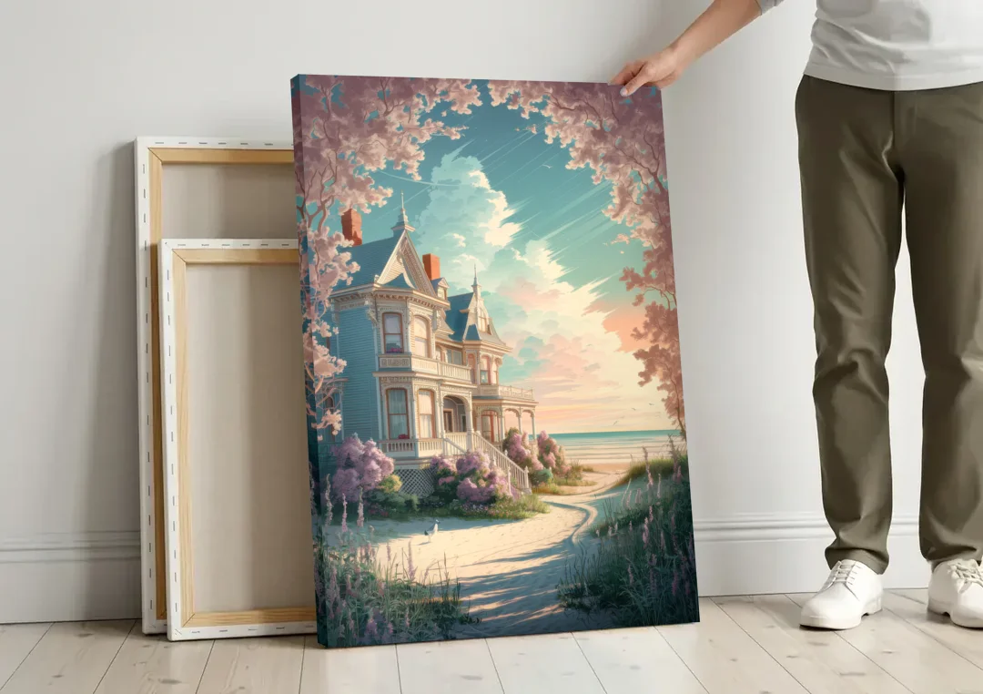 Cape May Victorian Charm canvas wall art leaning against a wall next to blank canvases