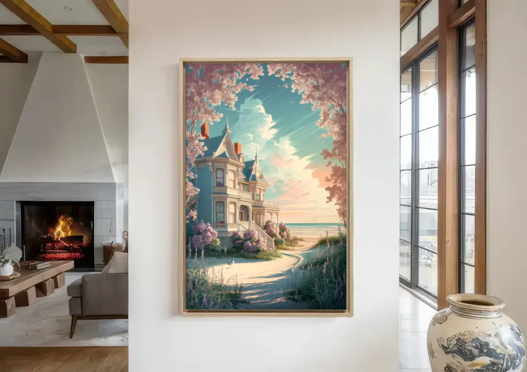 Cape May Victorian Charm canvas wall art in a living room with a fireplace