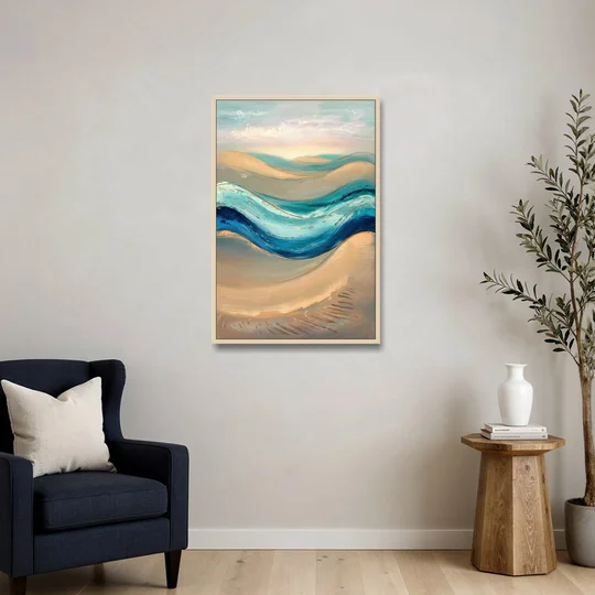 Cape May Waves and Dunes - Oak Framed Canvas Wall Art - Sofa - 24x36