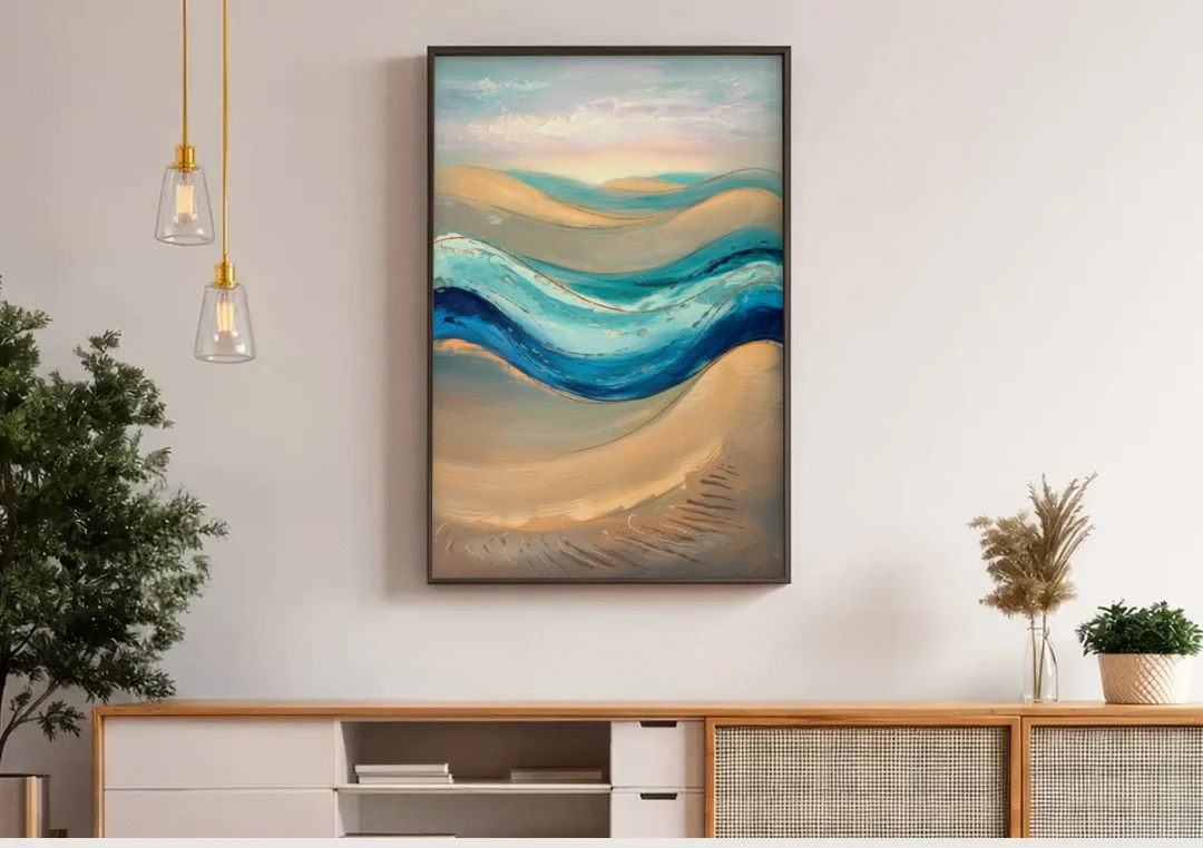Cape May Waves and Dunes canvas wall art above a wooden sideboard under pendant lights