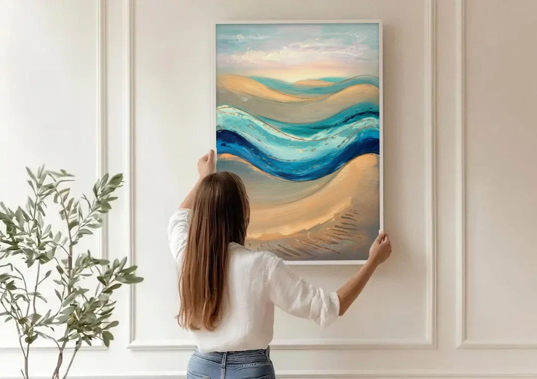 Cape May Waves and Dunes canvas wall art being hung on a paneled wall