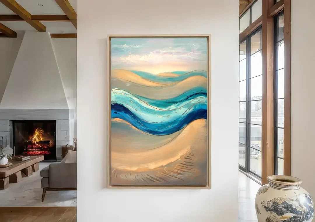 Cape May Waves and Dunes canvas wall art in a living room with a fireplace